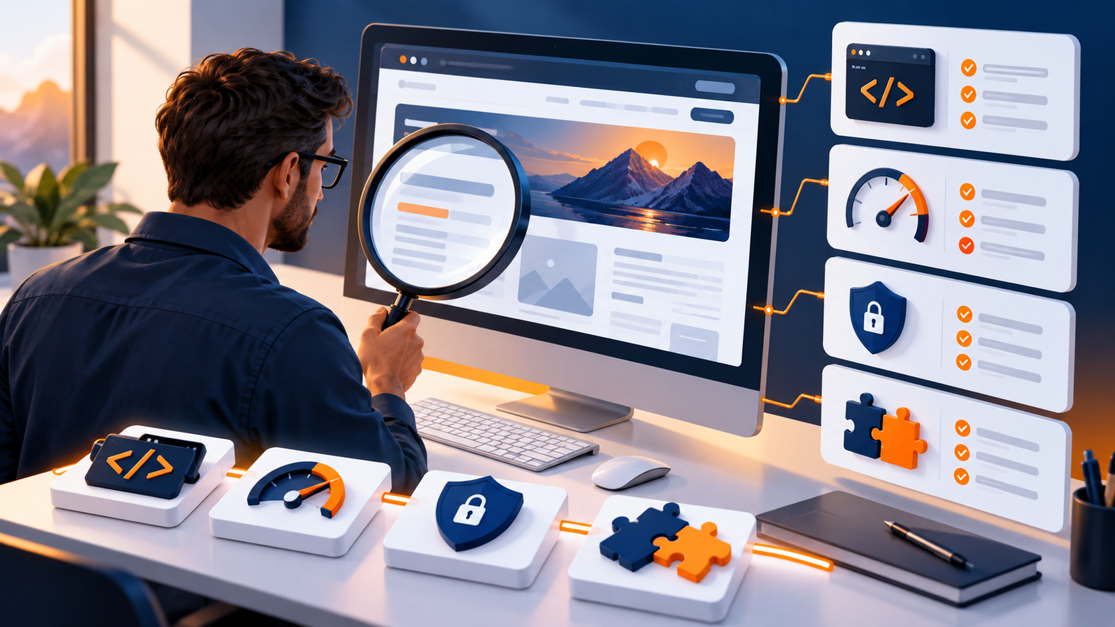 Especialista diagnosticando código, velocidad, seguridad e integraciones de una página web