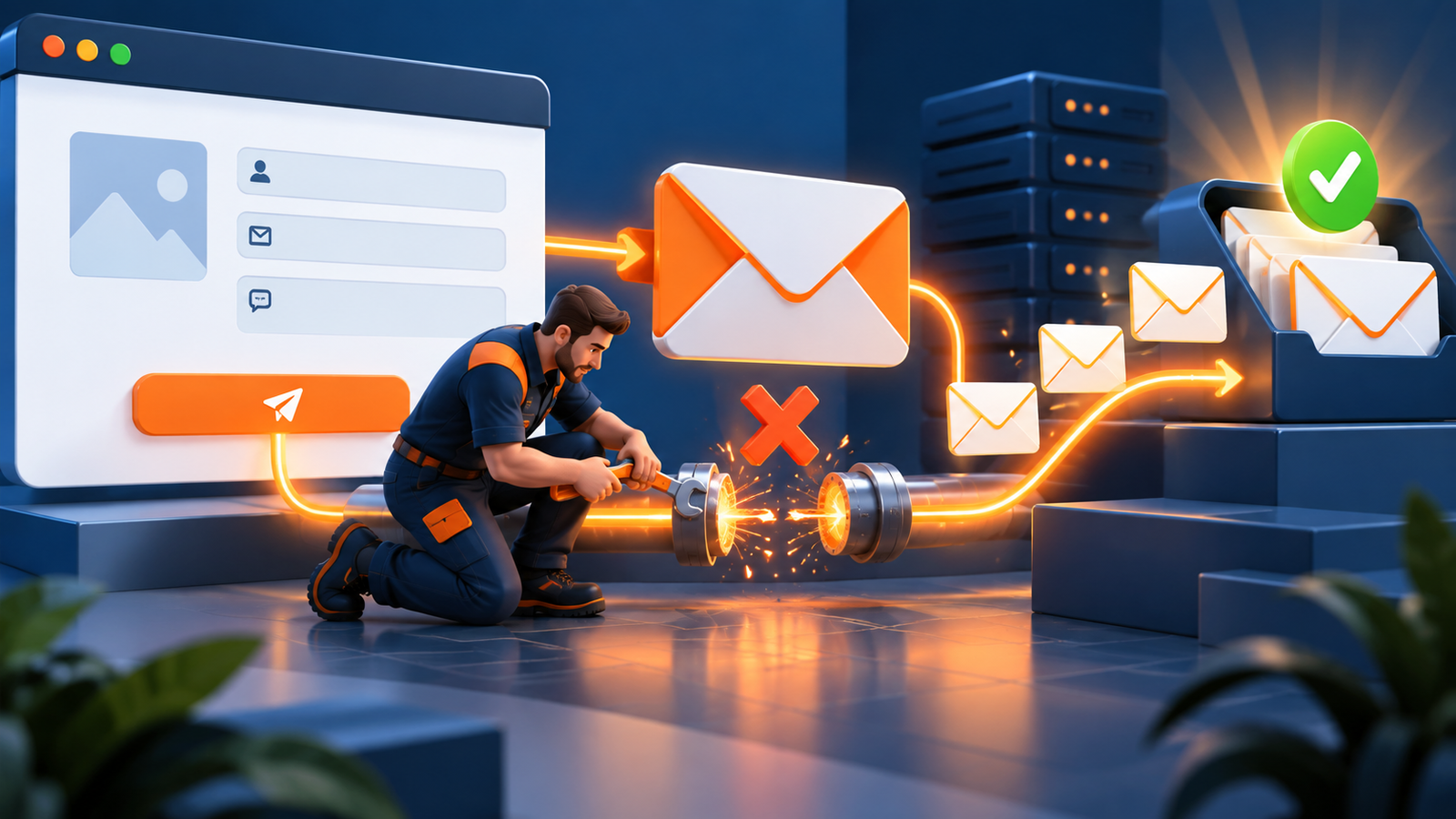 Técnico reparando la entrega de correos de un formulario de contacto