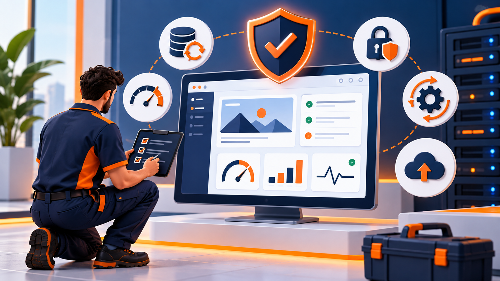 Técnico revisando copias, seguridad y rendimiento durante el mantenimiento WordPress